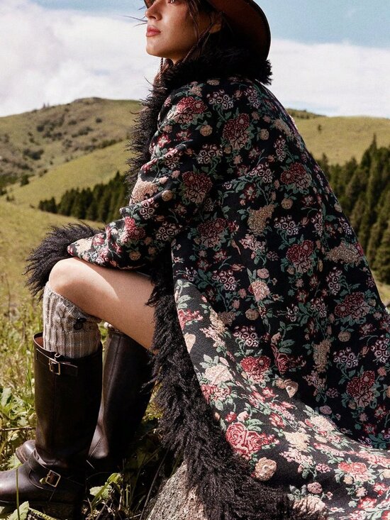 Boho Beauty Women's Casual Long Sleeve Jacquard Woven faux fur trim Jacket - Picture 3 of 11